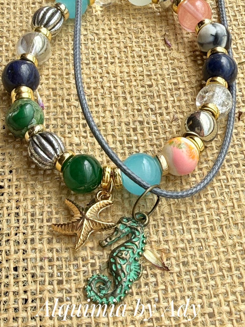 Multicolor Beaded bracelet +Necklace with Green Seahorse & Gold Starfish Charms